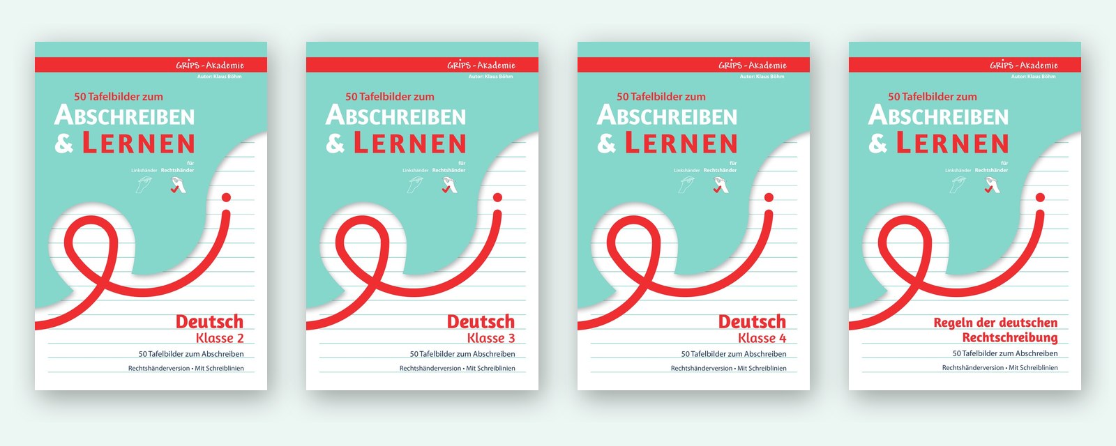 Die vier Hefte der Reihe Abschreiben & Lernen: Deutsch Klasse 2, 3 und 4 sowie Regeln der deutschen Rechtschreibung