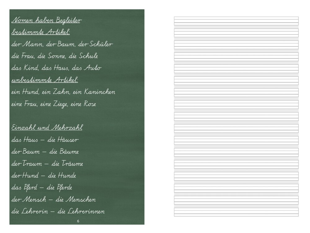 Doppelseite aus dem Heft: links das Tafelbild, rechts die Schreiblinien