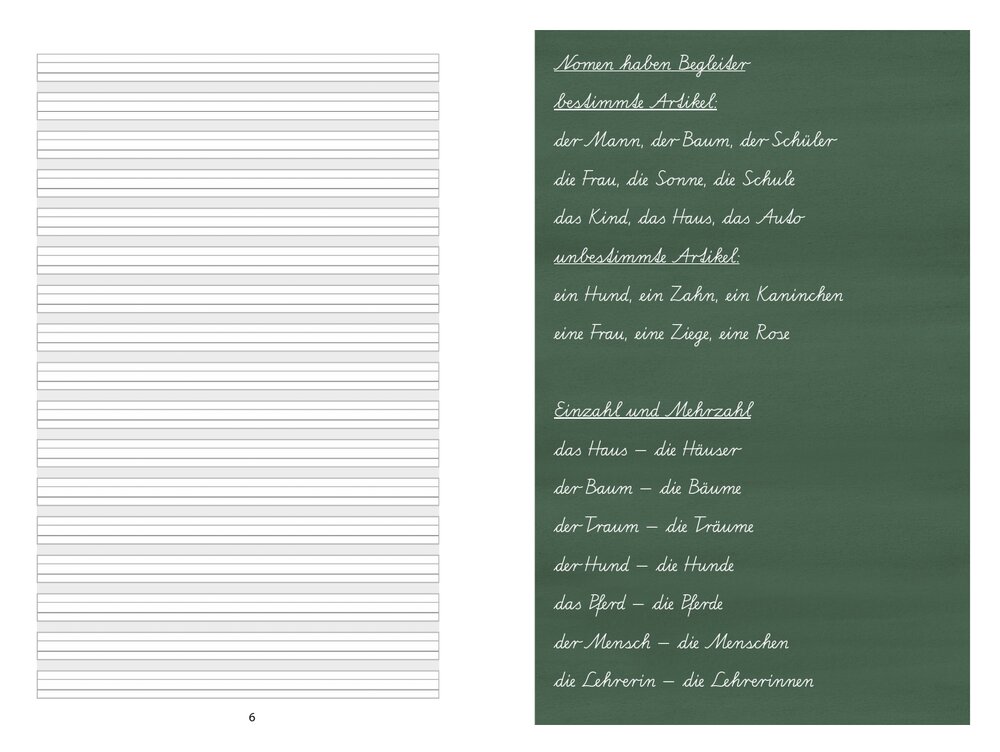 Doppelseite aus dem Heft: links die Schreiblinien, rechts das Tafelbild