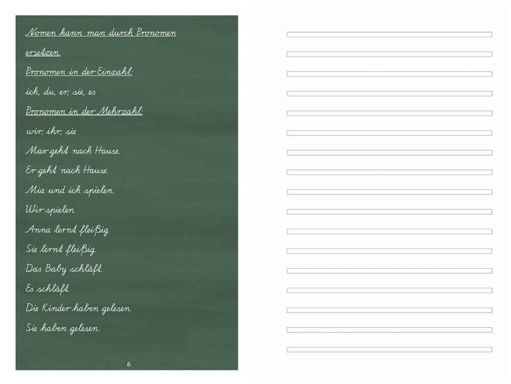 Doppelseite aus dem Heft: links das Tafelbild, rechts die Schreiblinien
