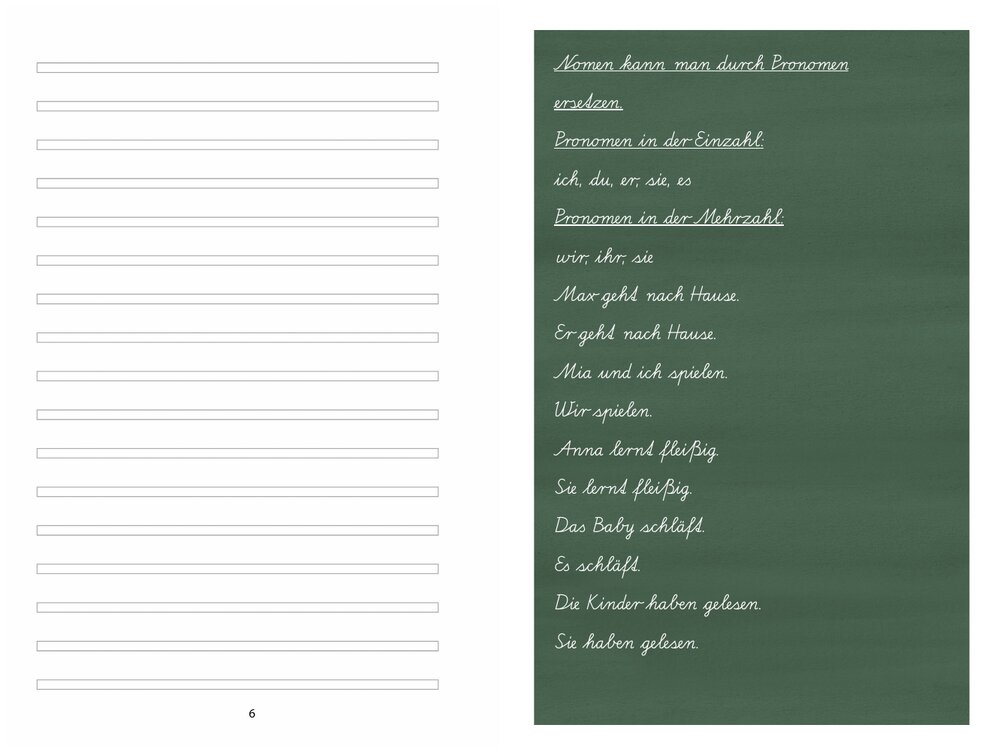Doppelseite aus dem Heft: links die Schreiblinien, rechts das Tafelbild