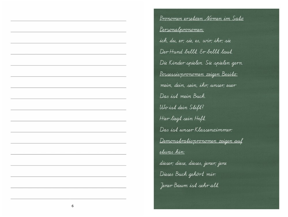 Doppelseite aus dem Heft: links die Schreiblinien, rechts das Tafelbild