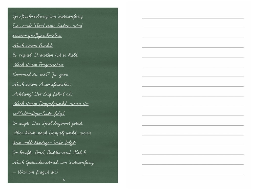 Doppelseite aus dem Heft: links das Tafelbild, rechts die Schreiblinien