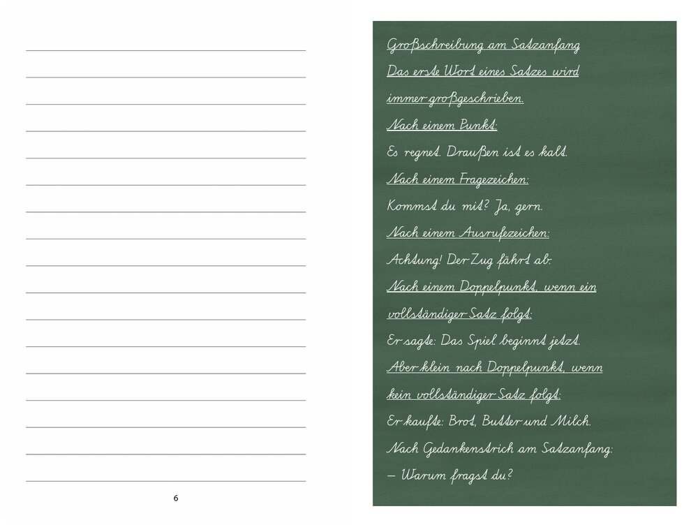 Doppelseite aus dem Heft: links die Schreiblinien, rechts das Tafelbild