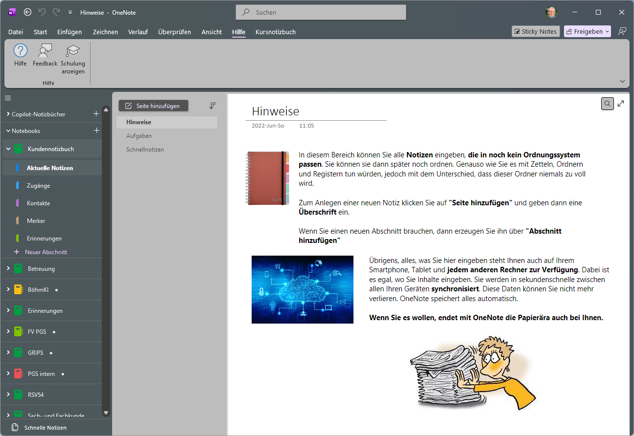 Das OneNote-Fenster mit Notizbüchern, Abschnitten und Seiten