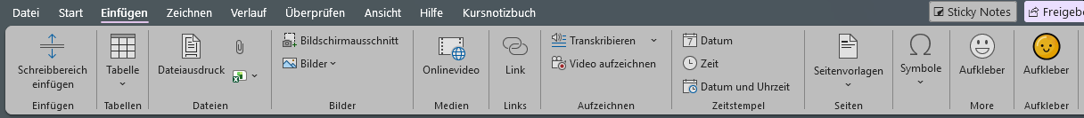 Die Registerkarte Einfügen in OneNote mit den Schaltflächen für Tabelle, Bild und Datei