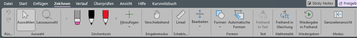 Die Registerkarte Zeichnen in OneNote mit verschiedenen Stiften und Markern