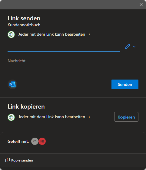 Der Teilen-Dialog in OneNote zum Freigeben eines Notizbuchs