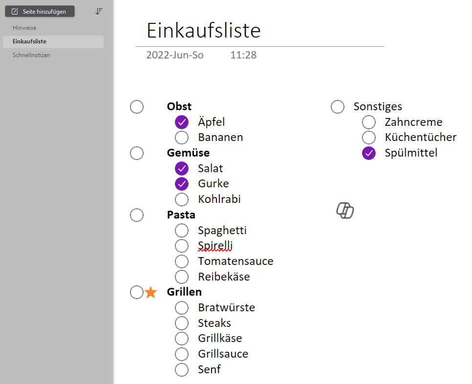 Beispiel für ein OneNote-Notizbuch aus dem Alltag, etwa eine Einkaufsliste
