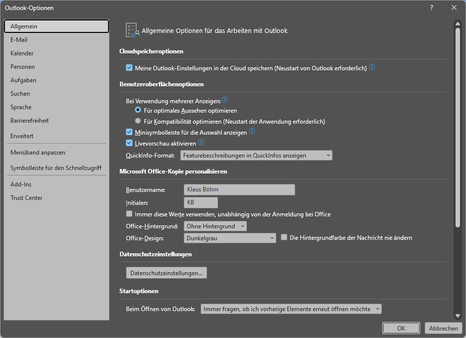 Datei-Ansicht von Outlook mit dem markierten Eintrag Optionen
