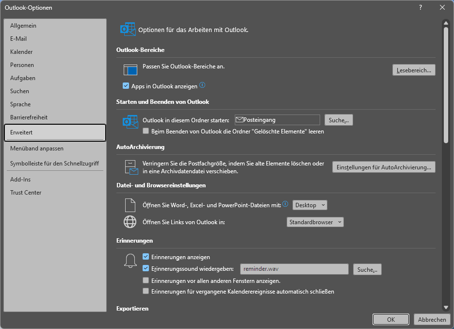Outlook-Optionen im Bereich Erweitert mit der Schaltfläche Einstellungen für AutoArchivierung
