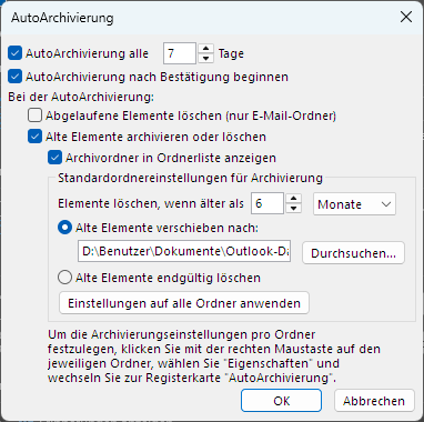 Dialogfenster AutoArchivierung mit allen Einstellmöglichkeiten