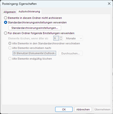 Eigenschaften eines Ordners mit der Registerkarte AutoArchivierung