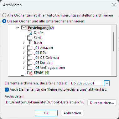 Dialog Alte Elemente bereinigen zum sofortigen Start der Archivierung