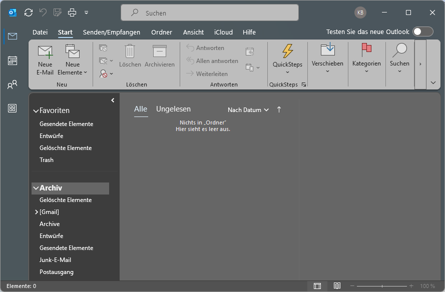 Outlook-Ordnerliste mit dem zusätzlichen Ordner Archiv